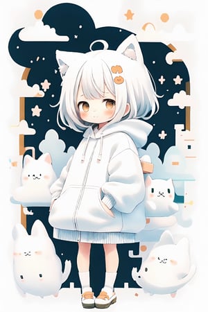 style of Chiho Aoshima, adorable, cute, a boy, cat ears, white hair, white hoody on, full body, warm colors, simple white background, in clouds, Illustration, cover art, japan, minimalistic, eguchistyle,toitoistyle,cutestickers