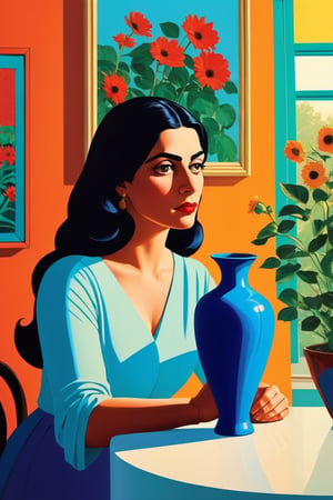 In the style of Marjane Satrapi and David Hockney, Cinematic Realism, woman and a vase