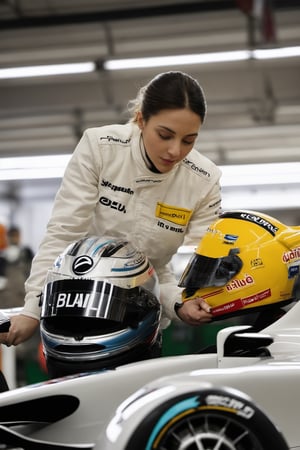 a female F1 (mechanic: 1,5) (holds tightly with both hands the wheel of an F1 car with a diameter of 600 millimetres, weighing 9 kilograms: 2), she is wearing a regulation F1 2011 helmet on her head and the team's yellow racing suit, she is looking at the wheel, her hair is in a ponytail, she is a beautiful woman