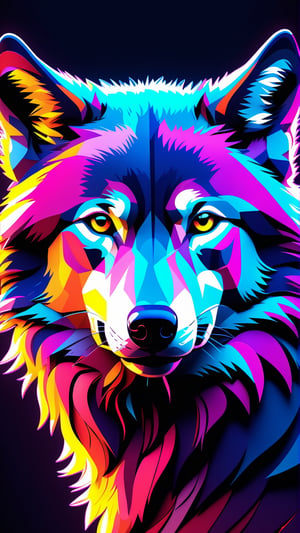 a wolf, pop-art, 3d, neon-colored, colorful drawig, cinematic short, dynamic viewing angle,