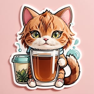 sticker , cat, drinking , Booba tea, cute