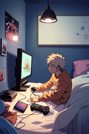 a boy playing with a video game console in his room at night with an anime drawing style