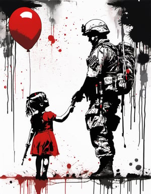 a black and white painting of a little girl red dress, side view, giving a red balloon to an adult army soldier holding a rifle,  with red paint splatters, , with a black and white background, Carne Griffiths, incredible art, graffiti art, modern european ink painting
photo r3al