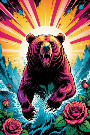 an enraged bear dive into the rose. comics, psychedelic background