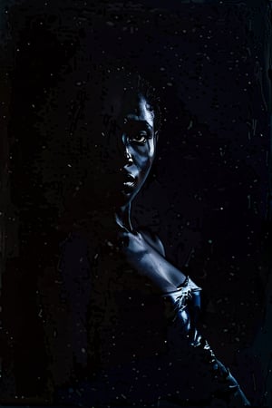 Close up Portrait of an African assasin woman so black that can barely being seeing on a black wall, black clothing, no jewelry, no makeup, no ambient light to blend her with the wall, she is almost invisible, at night, no light reflexión on skin, (((dark picture))),halsman, pitch black room