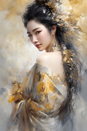 painted as a watercolour painting, female empress in the image of chinese actress liu yifei, straight hair, long waistlength hair, nude, topless, big breasts, flirt, perfection, divine being, beautiful, sexy, nsfw, Layered washes of different hues and densities, alluring, seductive, sultry_pose, femme fatale, come_hither, shades of gold to silver, shades of white to black, shades of white to grey, luminous, iridescent colours blending, smiling