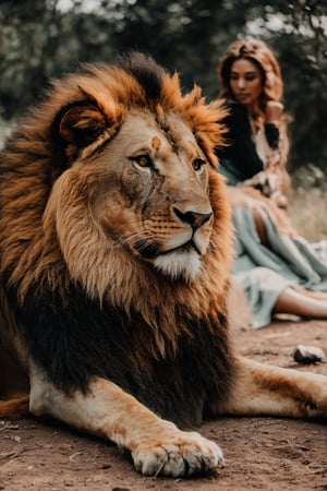 there is a lion and women lay down on the ground, a see in the background, unsplash, digital art, prideful look, doing a hot majestic pose, half lion, 2 d full body lion, proud look,