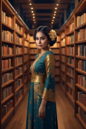 wide shot, Best quality, high-res, Portrait of an indonesian woman, smart, in a library, masterpiece in the style of Gustav Klimt, night, spotlighted, 4k, ultra detailed, artstation, high-detailed, octane render