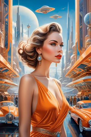 oil-painting, an extraordinary scene featuring a beautiful woman in a retro-futuristic cityscape inspired by the Art Deco era. Place the woman as the focal point amidst the dazzling architecture and flying vehicles of this stunning metropolis, photo realistic, fantasy, centered image, ultra detailed illustration, posing, (tetradic colors), whimsical, enchanting, fairy tale, (ink lines:1.1), strong outlines, art by MSchiffer, bold traces, unframed, high contrast, (cel-shaded:1.1), vector, 32k resolution, best quality, flat colors, flat lights. Art and mathematics fusion, hyper detailed, trending at artstation, sharp focus, studio photography, intricate detail, highly detailed, centered, perfect symmetrical,
