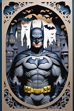 Stacked Papercut Art showcasing a Dreamy Batman: Deep layers of cut paper, Batman surrounded by intricate design.
