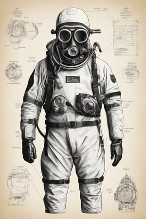 Create an image of a classic hard shell diving attire . Ensure that the image is of high resolution and rich in intricate details. The classic white and black color scheme should be portrayed realistically, capturing the essence of this vintage gem.