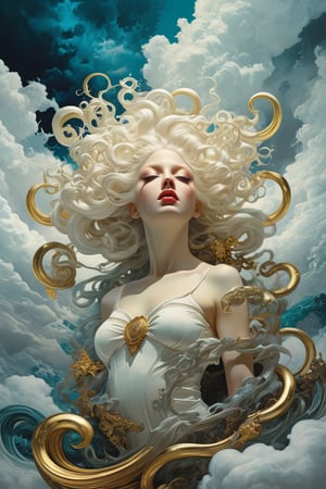 Cinematic, photorealistic of albino medusa, white eyes, vibrant colors, fantasy, warm tone, surreal, 8k resolution photorealistic masterpiece by Aaron Horkey and Jeremy Mann, professional photography, volumetric lighting maximalist photoillustration by marton bobzert, 8k resolution concept art intricately detailed, complex, elegant, expansive, fantastical, mythical clouds