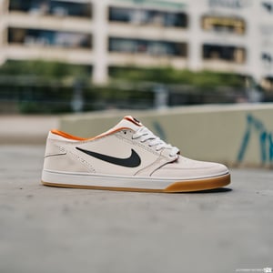 Nike SB skateboarding shoes, urban attitude:0.7, photographed in a skate park environment, showcasing their durable construction and grip, capturing the rebellious spirit of skate culture, 