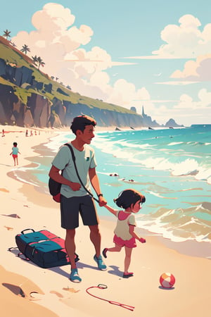 illustration of a dad an his girl playing on the beach,art by Atey Ghailan,,masterpiece,
