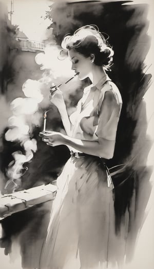 sketch, monochrome,  a scenery, a beautiful woman smoking a cigarette 