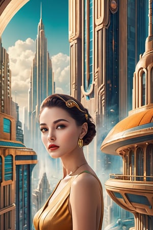 Create an extraordinary scene featuring a beautiful woman in a retro-futuristic cityscape inspired by the Art Deco era. Place the woman as the focal point amidst the dazzling architecture and flying vehicles of this stunning metropolis, photo realistic, fantasy