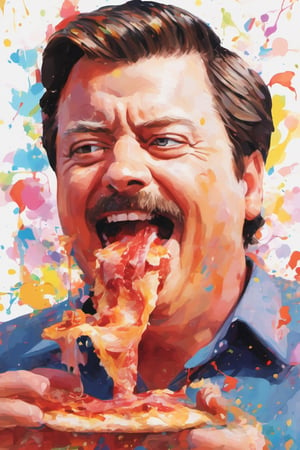 Ron Swanson eating bacon. 
 dripping paint, high_resolution, ultra quality, good art, noise_reducer, splashing paint, colorful, bright and vivid colors, white background, correct anatomy, detailed, action in motion, sharp focus, centered, masterpiece, 3d background