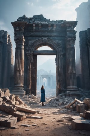 The World After the Destruction, A woman stands in front of an ancient ruins that have collapsed. There is a mysterious door and you are trying to get inside.