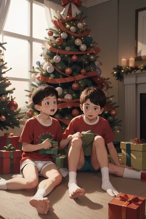 Two boys 5 years old and 9 years old opening Christmas presents under a Christmas tree in their underwear. sitting on the floor in the dark morning in 1950 with only the Christmas tree lights on
