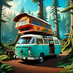 A cinematic scenic view of a bohemian hippie vw camper van in the 1970's parked in a wood, ornate, insanely detailed and intricate, volumetric lighting, neon punk afternoon, a masterpiece photo realistic illustration of British color comic maestro Don Lawrence, automotive draw detaling by Shirow Masamune, art by Artgem, trending at Artstation, ,detailmaster2