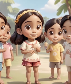 Indonesian children playing games  and some  standing, the back ground is villagers,   highly highlighted  eyes, good looking boy and the girl, cute face, good finger postichera, highly  highlighted finger,  highly highlighted leg's,  high resolution, cartoon character style, 8k resolution, ar--3:2.