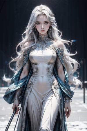 (masterpiece, best quality, official art), 1girl, fullbody view, solo focus, delicate face, stern expression, extremely detailed face and eyes, beautiful transparent white royalty dress, white hair, very long hair, bright green eyes, glowing eyes, futuristic setting, futuristic city, detailed background, abstract_background, daytime, walking towards viewer, heroic feeling