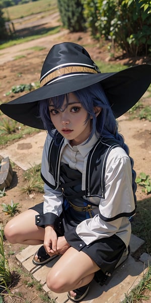 A Ultra realistic, Roxy Migurdia (mushoku tensei), long braided hair, bright blue hair, black witch hat, squatting down, in a large field,ultra realistic shadows, luxury fashion illustration, ,masterpiece, high quality, 32k, perfect detailed, ultra sharp focus,full body view, view from above, looking up at viewer