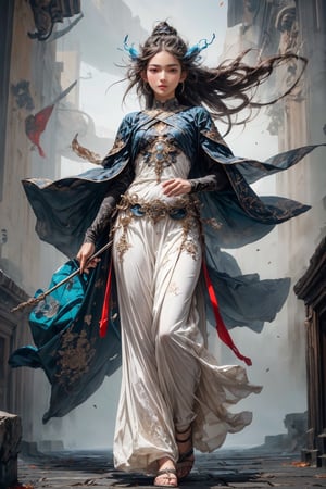 (masterpiece, best quality, official art), 1girl, 15 years old, fullbody view, supermodel, solo focus, delicate face, stern expression, extremely detailed face and eyes, transparent white dress, hair blown by gentle wind, very long hair, electric blue eyes, glowing eyes, not wearing make-up, ancient setting, ancient fantasy city, detailed background, abstract_background, daytime, walking towards viewer,3va,weapon,