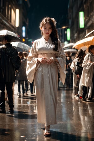 crowd, hastily, direction, daytime, in the rain, step,Documentary, 8k uhd, high quality, film grain, Fujifilm XT3, (Bokeh:1.3), overhead Shot, (1girl tall Look at viewer:1.2), body hugging tight white kimono 