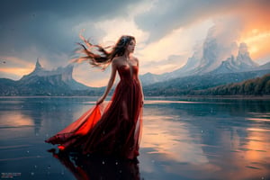 wide angle shot, masterpiece, centered, Best Quality, Ultra-detailed, fine detail, high resolution, 8K Wallpaper, Perfect dynamic composition, Natural Color Lip,(Wearing a long red transparent dress:1.3),(Longhair:1.3),drawn action: (the girl must be in the lake:1.4),fiery atmosphere, fiery landscape, raining, 15 years old girl, long hair blown by wind, stern expression,1girl,Wlop