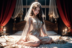 wide angled overhead shot,full body shot,Fujifilm,dark scene,dim backlighting,Mont Saint-Michel,royal bedroom,solo,{beautiful and detailed eyes},fit and athletic body,14 years old, long waist, small hips,small & perky breasts,electric blue eyes, looking at viewer, night time, wearing a simple white color thin transparent night gown,semi nude, her face is covered by a white transparent veil, wearing lots of bangles on her arms, in a sultry sleeping pose on a luxurious bed, legs spread apart, smile,candles in the background, bokeh, soft light,hair blown by the breeze,delicate facial features, cnc_cc,Detailedface,weapon