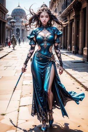 (masterpiece, best quality, official art), 1girl, 15 years old, fullbody view, solo focus, delicate face, stern expression, extremely detailed face and eyes, transparent white royalty dress, hair blown by gentle wind, very long hair, electric blue eyes, glowing eyes, not wearing make-up, ancient setting, fantasy desert city, detailed background, abstract_background, daytime, walking towards viewer,3va,weapon,Nice legs and hot body