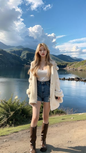 A solo blonde-haired girl stands confidently in a scenic landscape, her long locks blowing gently in the breeze as she gazes out at the expansive sky filled with fluffy clouds. She wears rugged boots that add to her adventurous aura, surrounded by the serene and unspoiled natural beauty of the day.