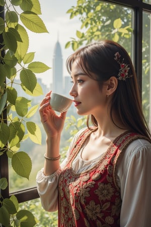 A serene watercolor painting, from Fedya's imagination, captures a close-up portrait of a young woman dressed in a Bulgarian folk costume, sipping tea from a delicate cup. She enjoys the view of vibrant green leaves framed by a minimalist glass window, allowing the warm sunlight to filter through and cast a gentle glow on her delicate features. The intricate details of the leaves and the woman's face are highlighted by this golden light. The backdrop reveals a harmonious blend of nature and modern architecture, with towering structures peeking through the greenery. The overall atmosphere evokes a sense of calm and unity between the natural world and the urban environment, which makes this picture a true work of art, painting, illustration and the beauty of Bulgaria.