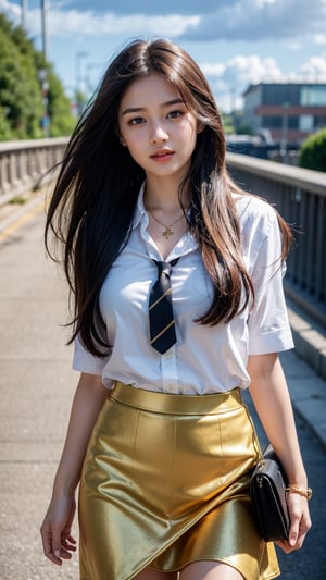 8K, UHD, masterpiece, 1 girl, good face, happy face, detailed eyes, very long hair, necklace, (school uniform), (golden skirt), tie, school bag, in the bridge, cloudy weather, realism, depth of field, 3d, unreal engine 5, ray tracing, flowing wind,