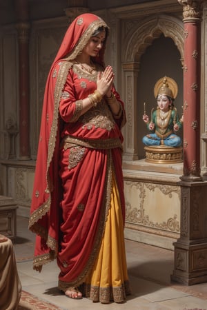 Realistic oil painting of a traditional Indian woman wearing a colorful suit and jhumkas, praying to Lord Ganpati in a temple setting, intricate details on the clothing and jewelry, vibrant colors, by Raja Ravi Varma or Amrita Sher-Gil.