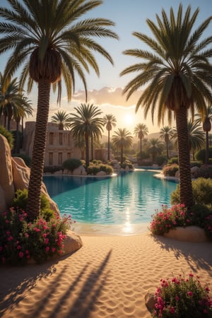 Desert oasis, palm trees casting long shadows in the golden sand, crystal clear water reflecting the vibrant colors of the sunset, exotic flowers blooming around, ancient ruins peeking through the palm leaves, tranquil and mystical atmosphere, painting style capturing the essence of oasis serenity.,painted world,in a jar