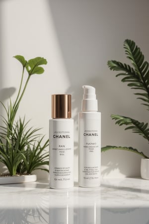 (Glass skin care Packaging design:1.3), Chanel tonality, Bauhaus style, Hyper-realistic environments background, high detail, 3D rendering, best quality, close-up, studio lighting,4k,plants