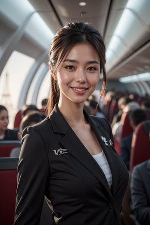 A close-up shot of a stunning flight attendant, dressed in a sleek and fitted uniform, as she prepares for takeoff. Her bright, toothy smile illuminates the frame, drawing attention to her radiant features. The camera captures every detail of her ultra-realistic face, from the subtle freckles on her cheeks to the vibrant color of her eyes. In the background, a modern airplane's interior comes into focus, with intricately designed seats and control panels. As she gazes off-camera, the Eiffel Tower's silhouette is visible through the window, hinting at the flight's destination: Paris.