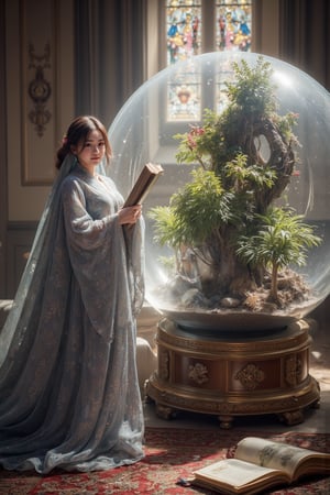 Title: "Divine Harmony: A Priestess and the Enchanted Ecosystem"
In this award-winning photo masterpiece, a solo girl stands in a dynamic action pose, surrounded by an ultra-detailed and vibrant environment. The HDR, UHD, and 16K resolution capture every mesmerizing detail, creating a stunningly realistic and immersive experience.
The girl, a delicate and cute teenager with iridescent brown hair, possesses big dream-like eyes, perfectly crafted fingers, and a flawless face with a shy blush. Her eyes, vibrant and full of life, draw viewers into her captivating gaze. The lens flare adds a touch of magic to the photo, enhancing the dreamy atmosphere.
The lighting and shadows are perfectly balanced, creating a stunning play of light that accentuates the girl's beautiful and shiny skin. Her slightly smiling expression radiates warmth and charm, making her presence all the more captivating.
In this extra-wide shot, a giant glass sphere containing a small ecosystem takes center stage. Surrounding the sphere are various measurement devices, highlighting the scale of the factory where it is installed. The attention to detail is extraordinary, with intricate illustrations and delicate linework adorning the sphere's surface. Whimsical patterns and enchanting scenes within the sphere tell a captivating story of nature's harmony.
Standing next to the sphere is the girl, dressed in ceremonial robes, a girl Priestess with divine magic at her command. She holds sacred texts and carries out blessing rituals, using her healing spells to bring harmony to the ecosystem within the sphere. The atmosphere is further enhanced by the presence of incense, adding a touch of mysticism to the scene.
Against a backdrop of a church and stained glass windows, the interior is intentionally messy, representing the creative chaos of the girl's divine work. A book lies open, revealing elemental features and secrets waiting to be discovered.
The entire composition is illustrated in a pink gold style, enhancing the visual appeal with its vivid colors and stunning light. The level of detail is truly insane, with the scene bursting with life and intricate elements.
"Divine Harmony: A Priestess and the Enchanted Ecosystem by kyo8sai 2024-06-11.  " is a breathtaking fusion of art and storytelling. Through its high-quality and realistic illustrations, it invites viewers into a world where magic and nature intertwine, captivating their imagination and leaving them in awe.Geometry,zentangle,1girl,Ruffled dress with bows,