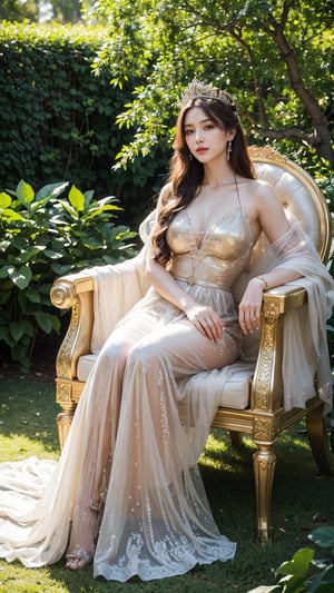 (best quality,4K,8K,highres,masterpiece:1.2), ultra-detailed,(realistic,photorealistic,photo-realistic:1.37), vibrant colors, soft lighting, elegant and powerful presence, breathtaking beauty, flowing gown, golden crown on her head, flowing hair, goddess-like aura, ethereal atmosphere, majestic throne, celestial bodies around her, divine halo, lush garden with blooming flowers, tranquil surroundings, dappled sunlight filtering through the trees, harmony between nature and the goddess, sublime beauty.