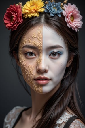 Surreal and dreamlike portrait of a girl with half of her face colored in vibrant colors, while the other half is black and white. Above her head are colorful flowers, while below her chin is an eagle wing. Intricate details, realistic painting style by Salvador Dali and Frida Kahlo, long shot with depth of field.