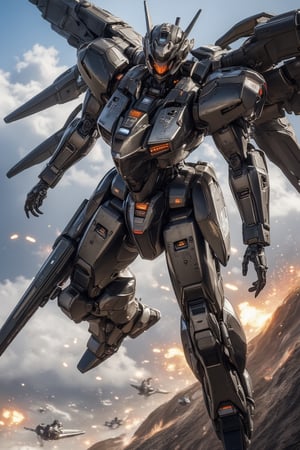 A majestic Veritech Fighter from Macross Frontier soars through the skies in Gerwalk mode, its sleek metallic body glistening under intense sunlight. Insanely detailed robotic arms and legs are flexed, showcasing intricate joints as it prepares for battle. The gun at the ready is a testament to its combat prowess. Dynamic pose captures the machine's kinetic energy as it actively engages in aerial dogfighting, with dramatic lighting accentuating the action.