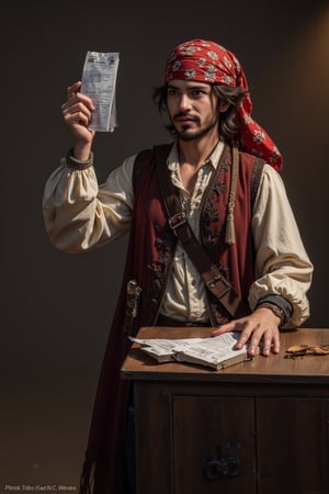 Cinematic illustration of a pirate casting their vote in the elections, with dramatic lighting and shadows, realistic textures on the ballot and ballot box, by Norman Rockwell and N.C. Wyeth, (long shot), intricate details on pirate's outfit and surroundings, 4k resolution