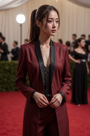 Highly detailed futuristic AI agent in a sleek suit, standing at the Met Gala red carpet, surrounded by fashion critics and celebrities, realistic painting with intricate details by John Singer Sargent and Edgar Degas, (long shot), studio lighting