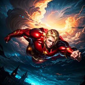 (8k, RAW photo, best quality, ultra high res, photorealistic, masterpiece, ultra-detailed, unreal engine)

(1man, solo), superhero, (blonde hair:1.4), (red costume:1.4), full body costume, star symbol on chest, detailed clothes, looking at viewer, eyes open

flying, in the sky, castle, citadel, clouds, beautiful background, ponds, tornado, storm, serious mood, casting a powerful magic, sparky magic-energy, strong wind, fantasy