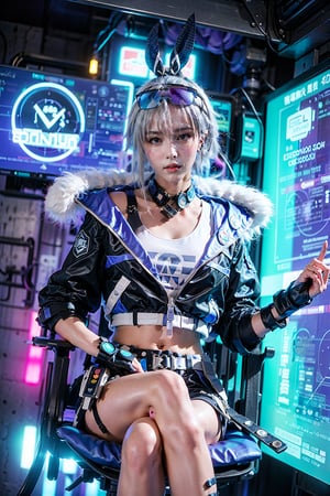masterpiece, best quality, highres, extremely detail, photorealistic,

sliver wolf /(honkai:star rail/), 1girl, grey hair, long hair, jacket, (looking at viewer:1.2), shorts,fur trim jacket,sunglasses, navel, (ulzzang-6500:0.65), smooth chin, upper body, sunglasses, bunny ears, shorts, cold face

sitting on gaming chair, leaning on gaming chair, relax pose, hand behind head, black gaming chair, crossed legs

futuristic computers, hologram, scifi room, cyberpunk room, neon room, neon, blue magenta light, dark studio