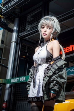 1girl, sexy, noir, (blue hair), bare shoulders, jacket, low ponytail, ponytail, pantyhose, sleeveless, off shoulder, open jacket, black jacket, black pantyhose, (white dress), necklace,
looking_at_viewer, red eyes, perfect eyes,
cyberpunk, (mecha at background), bright neon lighting,