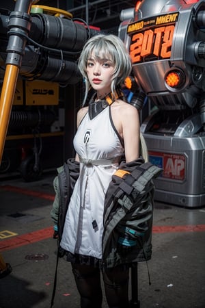1girl, noir, (blue hair), bare shoulders, jacket, low ponytail, ponytail, pantyhose, sleeveless, off shoulder, open jacket, black jacket, black pantyhose, (white dress), necklace,
looking_at_viewer, red eyes, perfect eyes,
cyberpunk, (mech, robot at background), bright neon lighting,