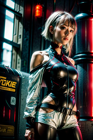 lucy \(cyberpunk\), 1girl, 20 years old beautiful Japanese, skinny, bangs, white offshoulders jacket, bare shoulders, belt, black belt, black leotard, black pants, blurry, bob cut, breasts, clothing cutout, cropped jacket, cyberpunk edgerunners, building, neon:1.8, cyberpunk:1.2, sci-fi:1.2, futuristic:1.2, cyberpunk edgerunners cityscape depth of field, from side, gradient eyes, grey eyes, grey hair, jacket, leotard, lips, long sleeves, looking afar, looking ahead, mechanical parts, small breasts, multicolored eyes, multicolored hair, night, night sky, off shoulder, open clothes, open jacket, outdoors, pants, parted lips, railing, red eyeliner, science fiction, short hair with long locks, short shorts, shorts, sidelocks, sky, solo, standing, teeth, thigh cutout, upper teeth only, white jacket, white shorts, cyberpunk \(series\), cyberpunk edgerunners,LUCY \(CYBERPUNK\),Real,cbpkv5, bright night